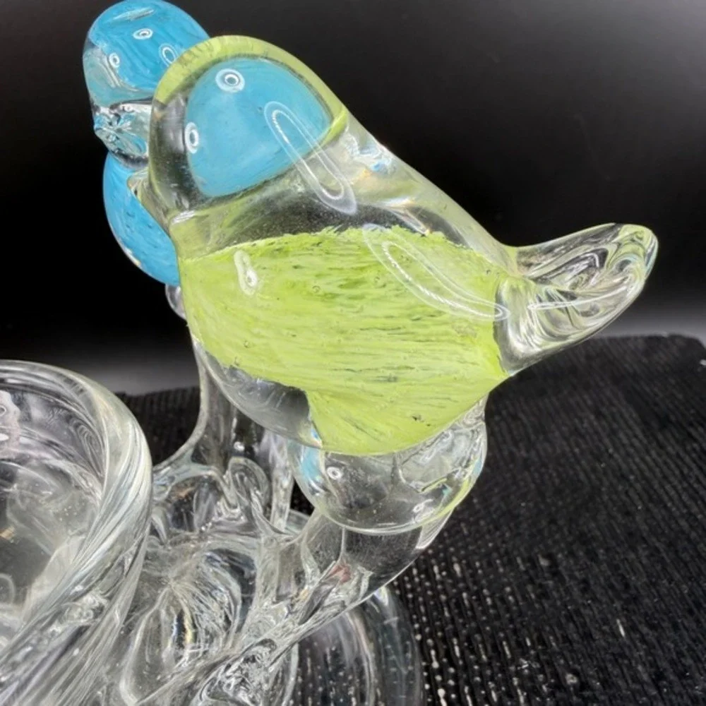 Glass Two Birds Figurine Candle Holder Trinket Dish Blue Green Controlled Bubble